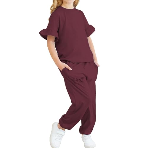 Image of Kids Girls Outfits Ruffle Sleeve T-Shirt Pants Set 2Piece 4-13 Years