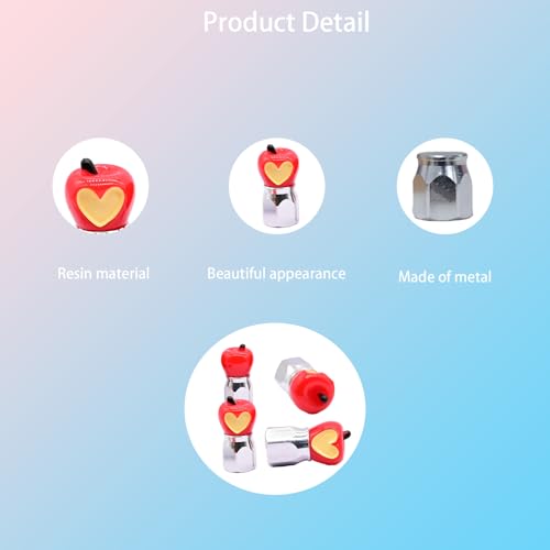 4-Pack Handmade Red Apple Valve Stem Caps with Heart Design for Schrader Valves, Unique Car & Bike Accessory, Fun Tire Decor, Colorful Novelty Gift for Car Enthusiasts