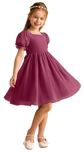 Junior Girls Bridesmaid Dress for Wedding Chiffon Short Puff Sleeve Flower Girl Dresses for Teen with Bow Back JR032