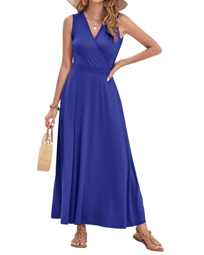 Image of AUSELILY Womens Maxi Dress Summer Sleeveless Wrap Long Dresses with Pockets | V-Neck Wrap Sleeveless Sundress, fits formal, casual, beach, vacation & daily wear