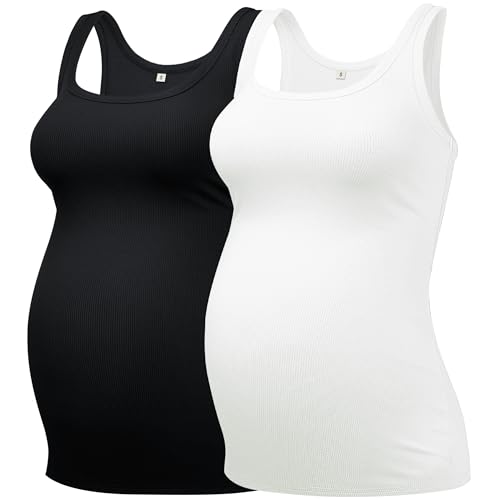 PACBREEZE Camiseta de maternidad para mujer, cuello en U, sin mangas, ropa básica para embarazo, S-XL, Negro/Blanco, Large