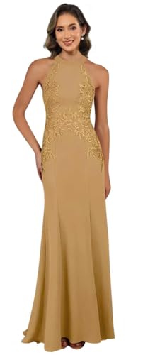 Image of KDTM Satin Lace Mother of The Bride Dresses Long Halter Sleeveless Formal Dresses for Women Wedding Guest