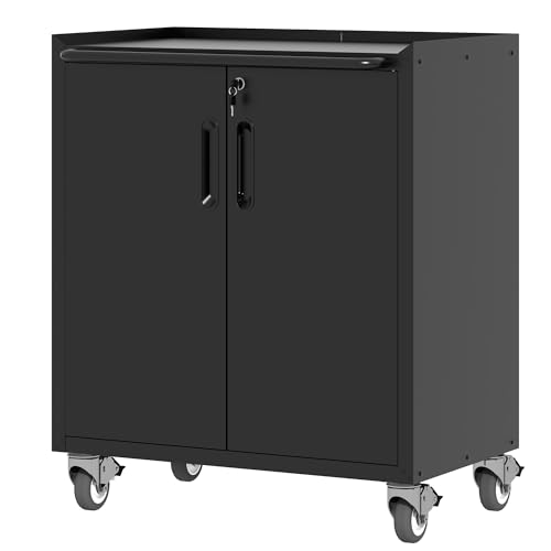 BIZOEIRON Metal Storage Cabinet with Wheels, Lockable Garage Storage Cabinet with Doors and Shelves...