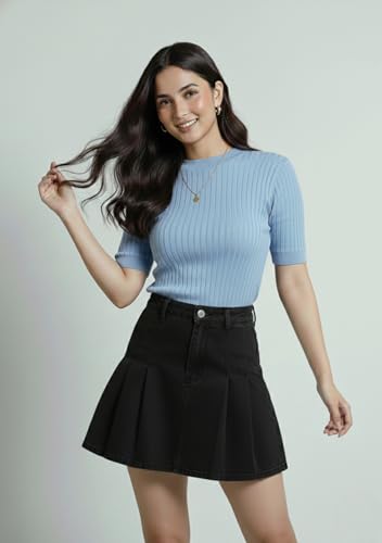 Image of Women Ribbed Knit Top | Solid Slim Fit Half Sleeve Top for Women | Stretchable Casual & Office Wear T-Shirt