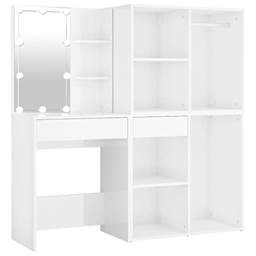 vidaXL Coiffeuse à LED et 2 Armoires Table Cosmétique Coiffeuse de Maquillage Table à Bijoux Chambre à Coucher Blanc Brillant Bois d'Ingénierie