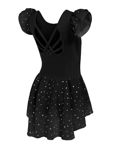 Image of Arshiner Girls Shiny Ruffle Sleeve Ballet Leotard with Skirt Criss-Cross Back Dance Dresses