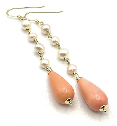 Boucles d'oreilles corail rose perles d'eau douce pendantes vermeil - 5