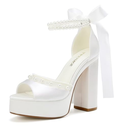 Platform Heels Wedding Shoes for Bride Open Toe Bridal Shoes Pearl Heels