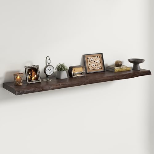 Image of Live Edge Elm Floating Shelves For Wall - 55 inch W x 9.3 inch D Rustic Solid Long Wood Shelves with Invisible Bracket, Wall-Mounted Storage & Display Shelf for Living Room Bedroom Kitchen, Set of 1, Walnut