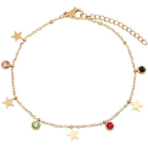 Image of 18K Gold Plated Stainless Steel Dainty Charms Colorful Crystal Birthstone Bracelet Minimalist Cute Jewelry for Women