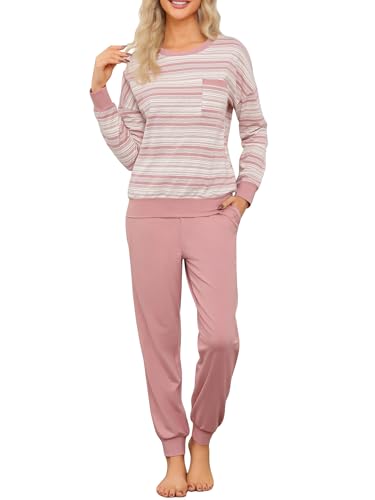 EvolSer Schlafanzug Damen Lang Pyjama Set Baumwolle Nachtwäsche Sleepwear Langarm Rundhalsausschnitt mit Brusttasche und Bündchen Rosa M