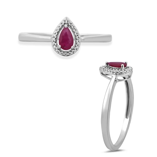 Jewelili Sterling Silver 5X3 MM Genuine Pear Cut Ruby and Natural White Round Diamond Accent Teardrop Halo Engagement Ring