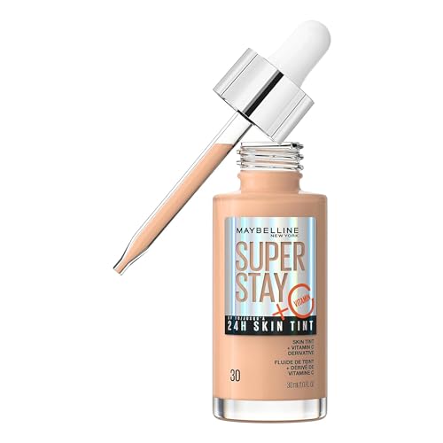 Maybelline New York,Base de maquillaje enriquecida con Vitamina C, Hasta 24H, Acabado luminoso, Superstay Skin Tint, Tono 30