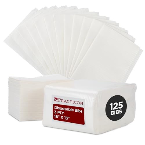 Practicon 125 Pack White Disposable Patient Bibs, 18" x 13", 3 Ply Waterproof Paper Bib Sheet with Poly Back, Dental, Medical, Tattoo, Nail Tray or Table Cover, 125 Pack