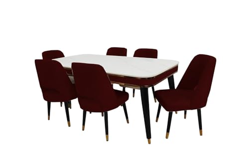 Image of WOODEN SPACE 6-Seater Wooden Dining Table Set | Nano Composite Marble Top | Solid Wood Base | Modern Dining Room Furniture with 6 Chairs (Maroon Vintage)