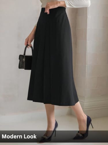 Image of GRECIILOOKS Elegant High Waisted Pleated Midi Skirt for Women, A Line Polyblend Fabric Flared Skirt with Back Zipper, Ideal for Office, Casual and Formal