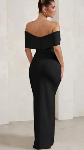 GOBLES Women's Elegant Strapless Ruffle Shoulder Short Sleeve Side Split Bodycon Ruched Formal Dress2