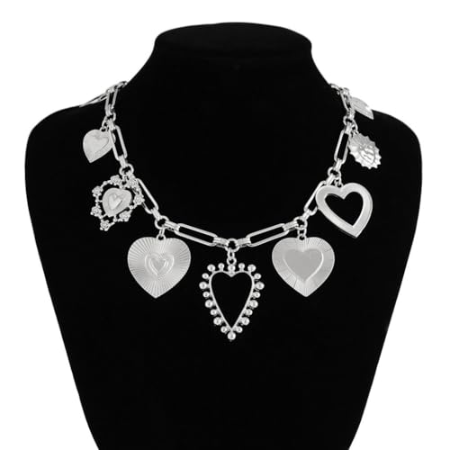 YOOESTORES82 Chunky Heart Pendant Charm Statement Necklace Gold Tone Layered Link Chain Necklaces for Women Romantic Trendy Jewelry Party Gift Glamorous Versatile 5