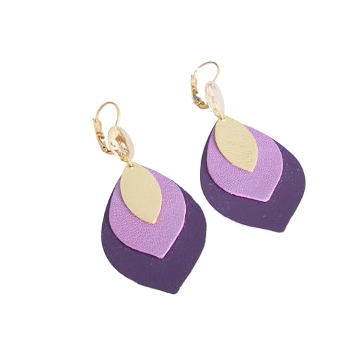 Boucles feuilles en cuir mauve violet et doré : bijou pendant artisanal pour femme