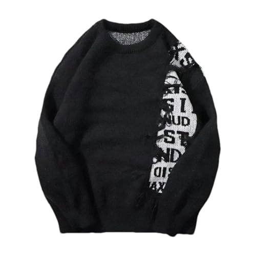 Knitted Pullover Sweater for Men Casual Fringe Color Blocking Jacquard Letter Design Student Sweater
