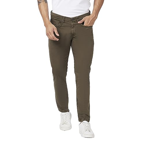 Image of Spykar Men Olive Green Cotton Slim Fit Ankle Length Mid Rise Trousers