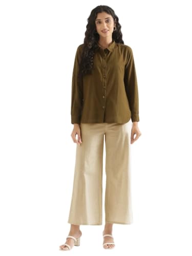 Image of SAADAA Women's Relaxed Fit Mid Rise Airy Linen Wide Leg Pants, High Waist Trousers for Formal, Casual & Office Wear