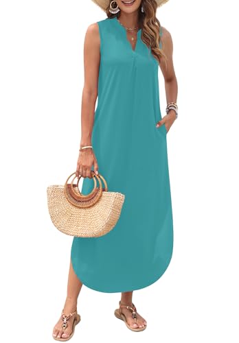Image of AUSELILY Womens Summer Casual Maxi Dresses 2026 Sleeveless Long Beach Dresses V Neck Loose Sundresses with Side Split Pockets
