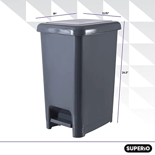 Image of Superio Slim Trash Can with Foot Pedal - 16 Gallon Step-On Trash Can, Garbage Can, Small Trash Can for Bathroom, Kitchen, Office, Patio, or Backyard - Onyx Grey (3 Pack)