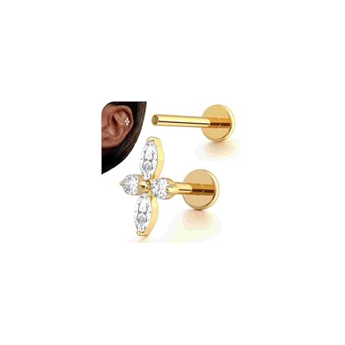 BodyBonita 16G Gold Plated Stud Earrings Flat Back - G23 Titanium Internal Thread Floral Sparkle Cartilage Earrings for Women CZ Stud Piercing Jewelry Tragus/Helix/Conch/Medusa/Lip/Labret/Nose 6/8mm
