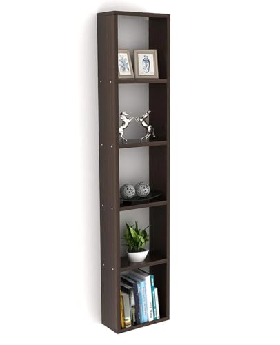 Image of Furniture Cafe Wooden Wall Mounted 5-Tier Vertical Bookshelf - Slim Storage & Display Rack for Living Room, Bedroom, Office (Brown)