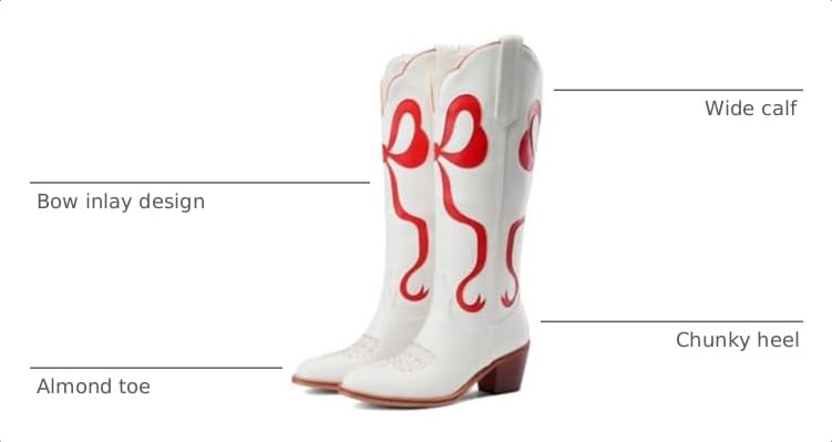 Image of Women's White Cowgirl Boots with Bow Knee High Cowboy Boots Almond Round Toe Chunky Heel Embroidered Western Cowboy Boots for Women