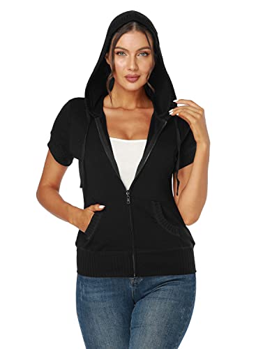 J.corrine Women's Short Sleeve Hoodies Jackets Summer Casual Full Zip Up Hooded Sweatshirts Outdoor Jackets With Pockets Black M #TOP3