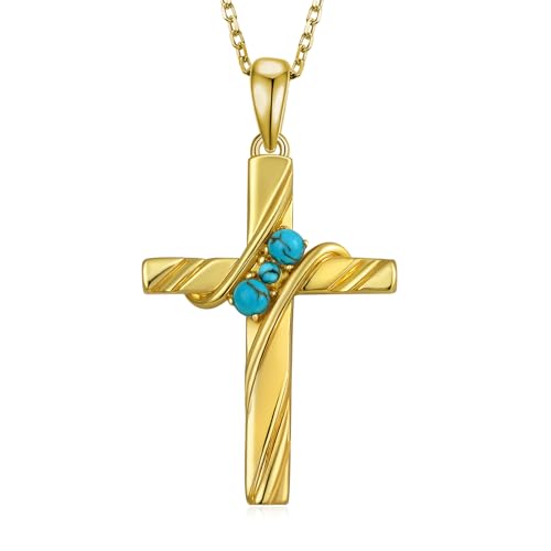 Genuine Turquoise Cross Necklace for Women - 925 Sterling Silver Gold Cross Pendant with 3 Natural Turquoise Stones - Authentic Western Jewelry