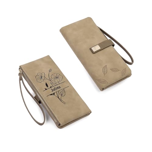Personalized Birth Flower Wristlet Wallets for Women Custom Name Bifold Long Purse Leather Wallet Birthday Gifts for Mom Grandma Ladies (khaki)