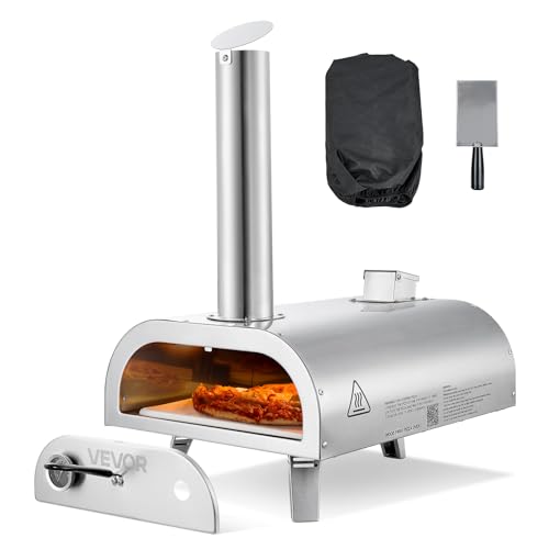 VEVOR Horno de Pizza Portátil para Exteriores de 30 cm, con Termómetro Integrado, para Pizza de Leña de Acero Inoxidable, para Patio, Camping, Incluye Piedra, Pala y Bolsa de Transporte, Plata