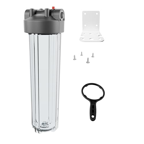 Purcooflow 20 x 4.5 Whole House Water Filter Housing 1 NPT Stainless Steel Ports Heavy Duty Clear Filter Sump Double O-Ring Leak-Proof with Pressure Release Valve Fits All 20x4.5 Filters