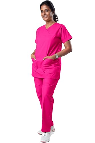 Image of Uniform Craft Women's 4 Pocket Scrub Suit Set | Medical Uniform | Cross V-Neck Poly Cotton | Short Sleeve Hospital Wear | Ideal for Doctors & Nurses (Berry, S)