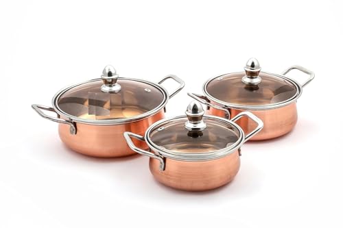 Minar Batterie de cuisine en cuivre avec couvercle en verre (acier inoxydable, cuivre, 3 pièces)