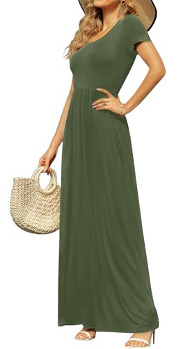 Image of DB MOON Womens 2026 Casual Summer Plus Size Maxi Dresses Short Sleeve Empire Waist Long Dress with Pockets(Olive, 2XL)