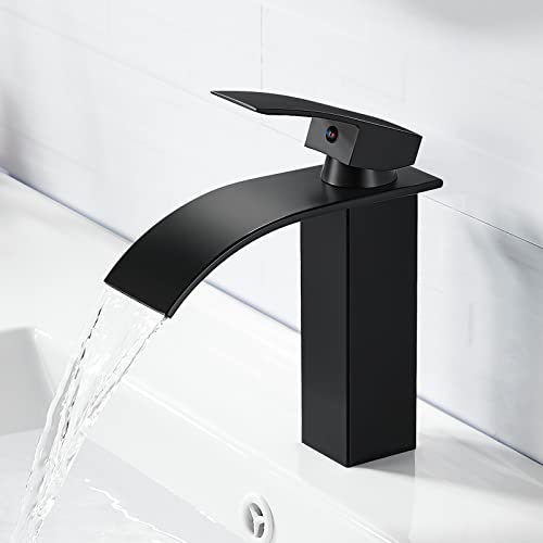 kisimixer Moderne Robinet Lavabo Noir Cascade, Design Elégant Robinet Salle de Bain, Mitigeur Salle de Bain en Laiton, Eau Chaude et Froide Disponible, Robinetterie Cascade Noir, Anti-oxydant