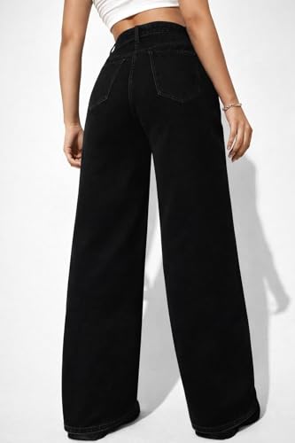Image of Women High Waist Straight Fit Wide Leg Jeans | Dark Black Z Black Stretch Denim | Trendy Baggy Jeans for Women | Premium Casual Street wear Pants