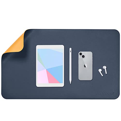 Image of AROPANA Vegan Leather Desk Mat | Large Reversible Mouse Pad & Computer Table Protector | Dual-Side Waterproof Extended Laptop Pad with Edge-Stitched Design (60x35CM, Navy Blue and Yellow)