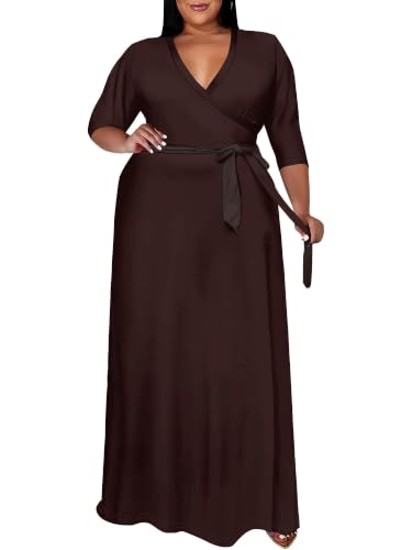Image of SUZONANA Plus Size Maxi Dresses for Curcy Women Casual Loose 3 /4 Sleeve Long Dress with Belt