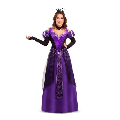 My Other Me - Disfraz Reina Medieval Mujer, talla M-L. Incluye vestido morado largo con detalles negros y dorados, escote decorado, gargantilla negra y tocado con corona. Ideal carnaval.