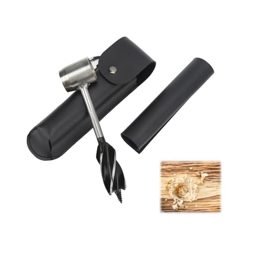 FAUOSWUK Bushcraft Settlers Tool Hand Auger Wrench Set including Storage Bag,Stainless Steel Multifunctional Portable Manual Wood Auger Drill Bit for Camping Bushcrafting (Black PU Leather