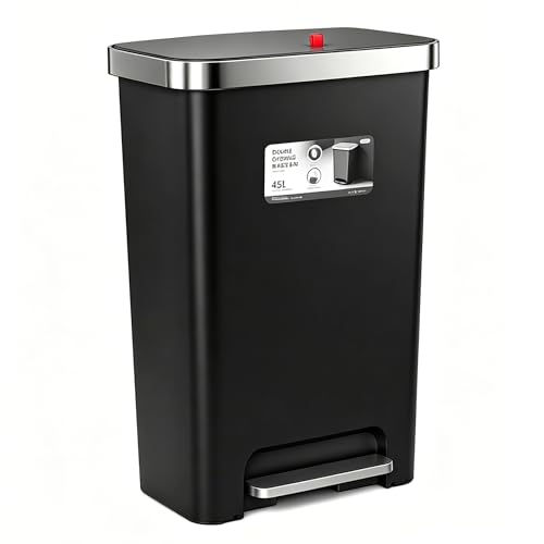Image of Trash Can with lid, 12 Gallon Slim Tall Garbage Can,Black | Kitchen Trash Bin Step-on with Lid, Plastic Black Garbage Can with Stainless Steel Rim for Bathroom,Living room,Bedroom,Yard,