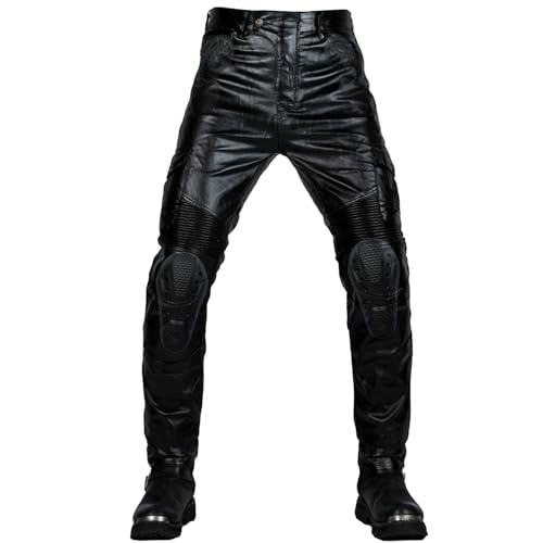 QIYUANT Pantalones Cuero PU de Moto Verano para Hombre Motocicleta Jeans Pantalón de Motorista Mujer Elásticos Casual Retro con Equipo de Protecciones Mejorada (Negro, L)