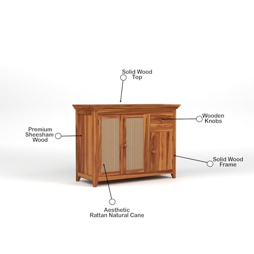 Image of PS DECOR Solid Sheesham Wood Sideboard Cabinet with Rattan Cane Doors & Storage Drawer | Multipurpose Storage Unit for Living Room & Dining Area (B-Natural Finish)