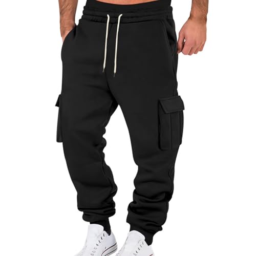 Men's Fleece Lined Cargo Pants Athletic Workout Drawstring Elastic Waist Joggers Pants with Multi-Pockets