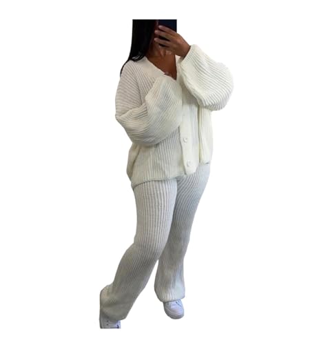 Womens Italian Knitted 4 Button Cardigan Tops Set Ladies Co-Ord Wide Leg Lounge Wear Jogger Tracksuits